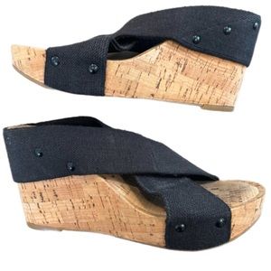 Lucky Brand Women's Miller2 Sandal Size 8.5 Cork Wedge Heel Platform Black Shoe